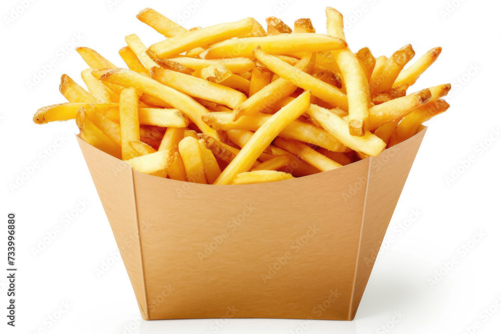 French fries in a white paper box isolated on craft background. Front view. french fries in a paper wrapper . French fries in a white paper box isolated on craft background. Front view. french fries in a paper wrapper .
