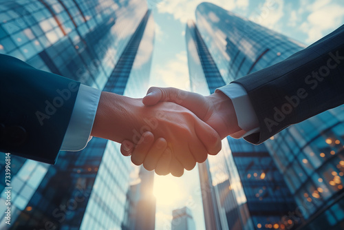 Businessmen handshake on skyscraper background at sunrise. Partnership, successful deal, agreement, business contract concept.