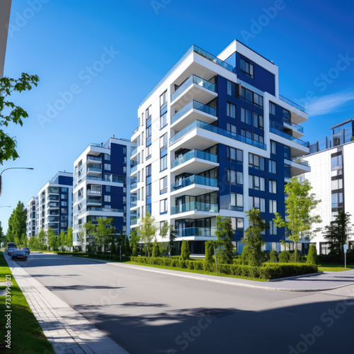 Residential area with modern apartment building. Multi Storey modern, new and stylish living block of flats