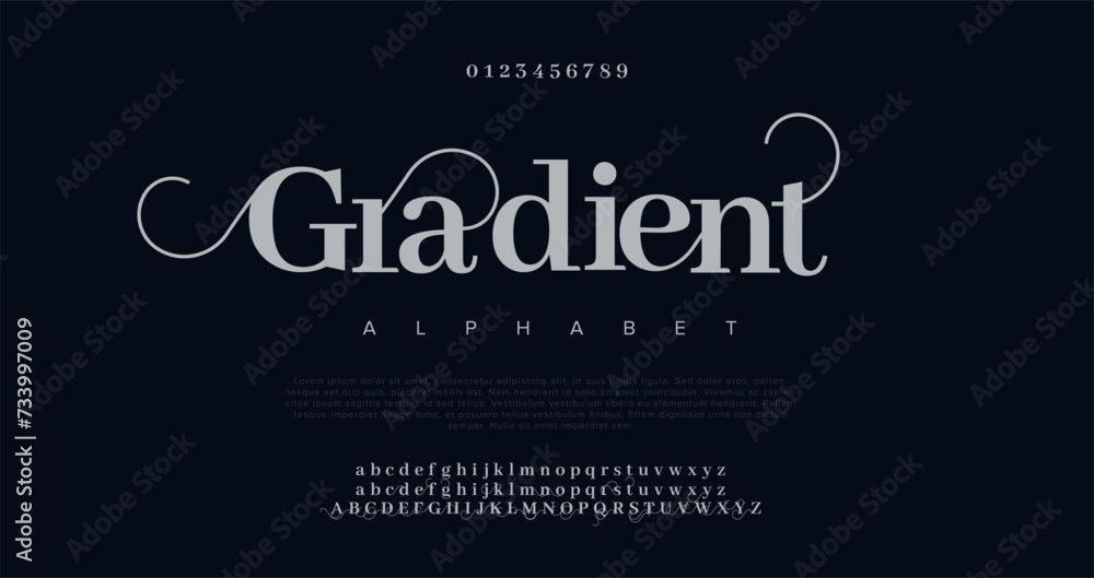 Gradient Elegant alphabet letters font and number. Classic Lettering Minimal Fashion Designs. Typography modern serif fonts regular uppercase lowercase and numbers. vector illustration Gradient Elegant alphabet letters font and number. Classic Lettering Minimal Fashion Designs. Typography modern serif fonts regular uppercase lowercase and numbers. vector illustration