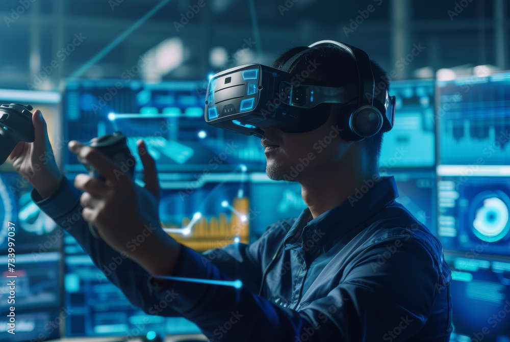 VR technology testing by a computer engineer with a headset and hand controllers VR technology testing by a computer engineer with a headset and hand controllers