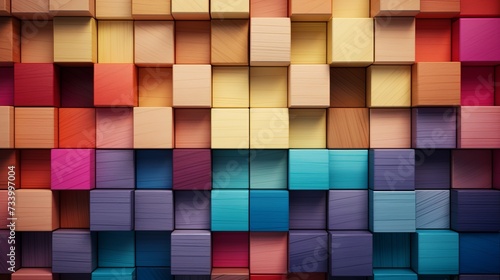 Vibrant arrangement of colorful wooden blocks creating an abstract 3d style background