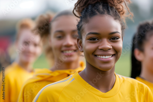 Cheerful Young Soccer Player in Yellow with Team Behind photo