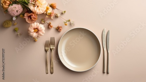 beige empty porcelain plate on pastel background with golden cutlery and dried flowers. Boho minimalist aesthetic.