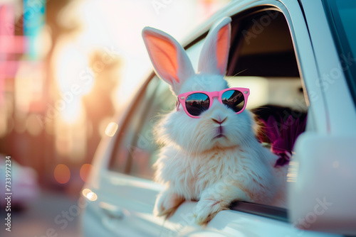 Cute Easter Bunny with pink sunglasses looking out of a car
