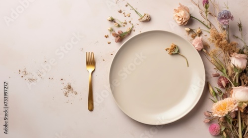 beige empty porcelain plate on pastel background with golden cutlery and dried flowers. Boho minimalist aesthetic.