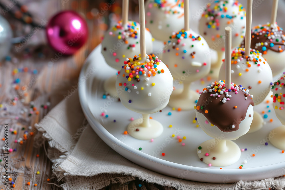 Delicious cake pops decorated with frosting chocolate and sprinkles in the plate in the kitchen Delicious cake pops decorated with frosting chocolate and sprinkles in the plate in the kitchen