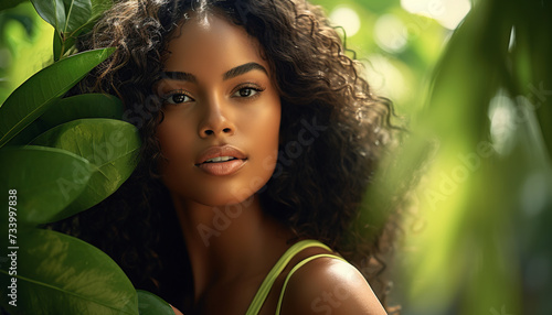 Portrait of young black woman in jungle, skin care beauty, skincare cosmetics, natural make up, green leaf. 