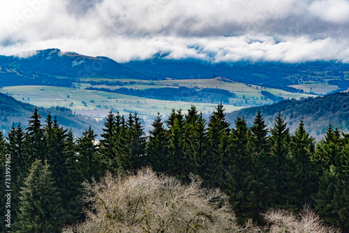 Photos Wolken verdichten den Himmel , im Vordergrund bilden Tannen einen Kreis am Abgru