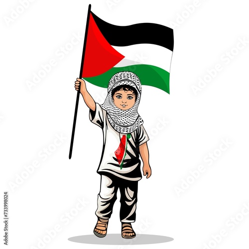 Child from Gaza, little Boy with Keffiyeh and holding a flying kite symbol of freedom Vector illustration isolated on White
