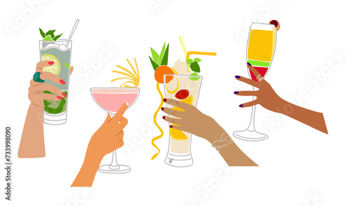 Set of Different hands holding cocktails, Popular alcohol drinks in glasses with decorations. Mojito, Pina Colada, Cosmopolitan, Daiquiri in female hands. Vector flat illustrations isolated on white.