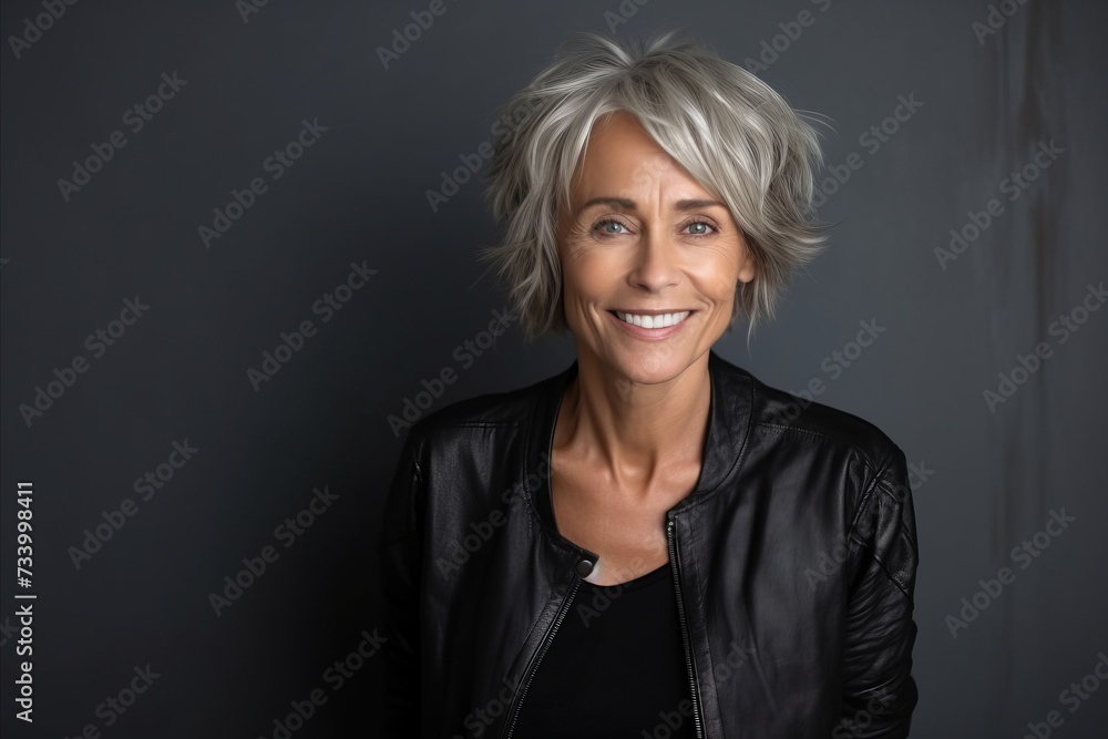 Portrait of a beautiful middle-aged woman in black leather jacket