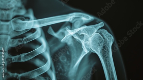 an X-ray illustration of the broken upper arm bone and the damaged shoulder joint. photo