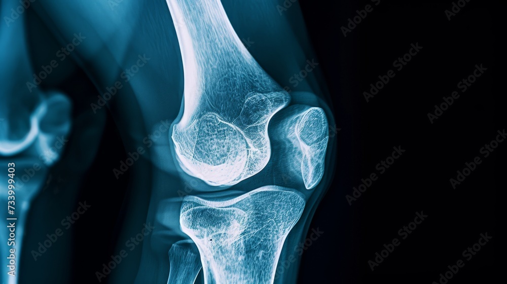 Knee X-ray showing patella, femur, tibia, and fibula bones and ligaments. Knee X-ray showing patella, femur, tibia, and fibula bones and ligaments.