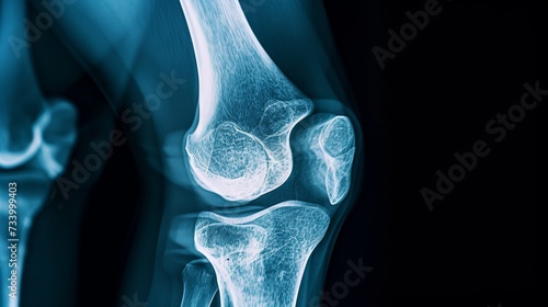 Knee X-ray showing patella, femur, tibia, and fibula bones and ligaments. photo