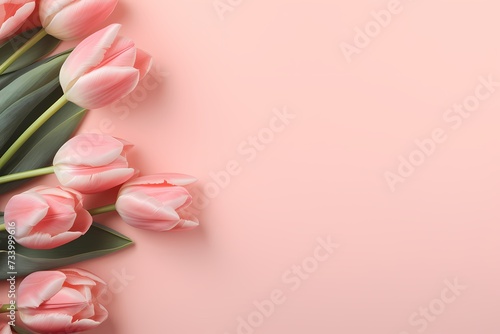 A high-definition image showcasing a top-down arrangement of tulip blossoms on a sunny coral-colored surface, offering a clean area for text.