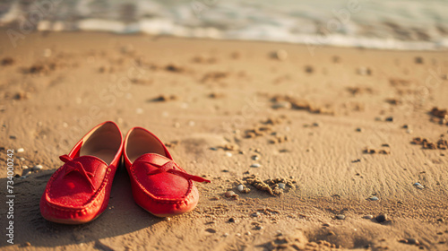 Red ladies shoes on an empty sandy beach. Footwear.