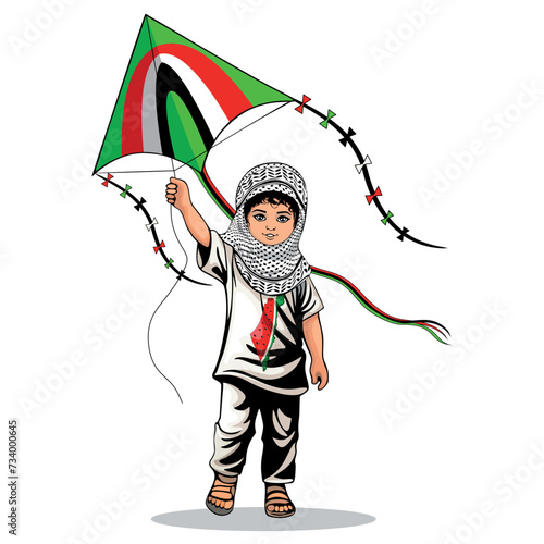 Child from Gaza, little Boy with Keffiyeh and holding a flying kite symbol of freedom Vector illustration isolated on White (ID: 734000645)