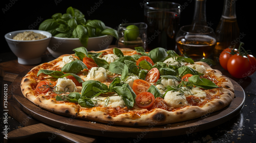 Pepperoni pizza and cooking ingredients tomatoes with basil Pepperoni pizza and cooking ingredients tomatoes with basil