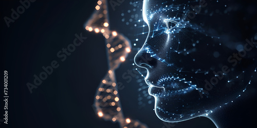 A Side View of a Humanoid Head with Blue and Yellow Eyes and a Vibrant Neon Neural Network