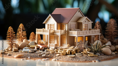 House model and coins on table, real estate investment concept