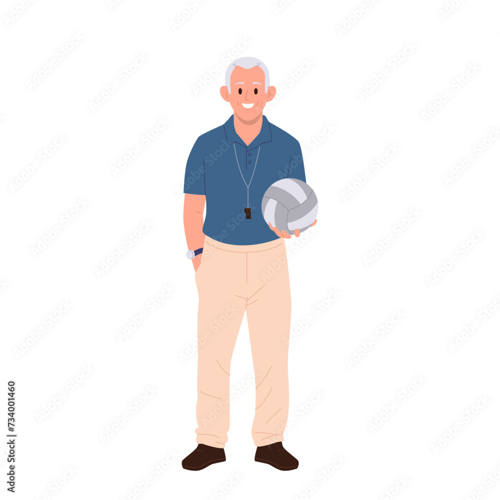 Aged senior man sports teacher, volleyball trainer cartoon character holding ball isolated on white Aged senior man sports teacher, volleyball trainer cartoon character holding ball isolated on white
