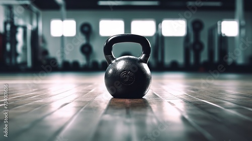 A black kettlebell sitting on the floor in a gym