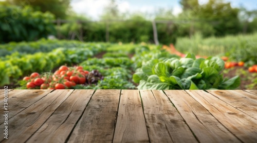Empty wooden table top and blurred vegetables field background for displaying or mounting your products