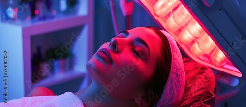 woman undergoing facial therapy with red laser photo