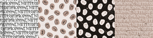 Set of runes stones seamless patterns. Runic alphabet, the Elder Futhark. Germanic ancient writing. Fortune telling, predicting, divination. Hand drawn illustration of nordic symbols, vector