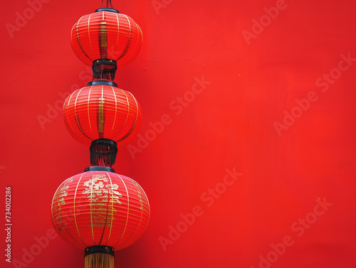 Three red Chinese lanterns with golden decorations hang against a stark red wall, symbolizing festivity and tradition