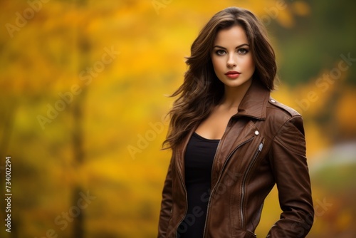 A brunette woman in a stylish brown leather bomber jacket appreciating the vibrant colors of fall in a rustic countryside landscape