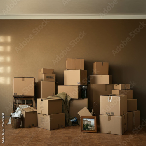 Moving concept with cardboard boxes symbolizing transition to a new house. AI generative. photo