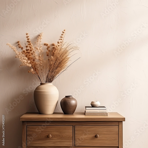 Minimalist composition of stylish living room interior with wooden commode, design paper table lamp, dried flowers in vase, decoration and personal accessories. Template. Home decor