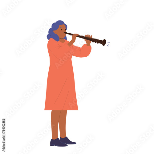 Young woman musician cartoon character playing classic or jazz music on flute isolated on white