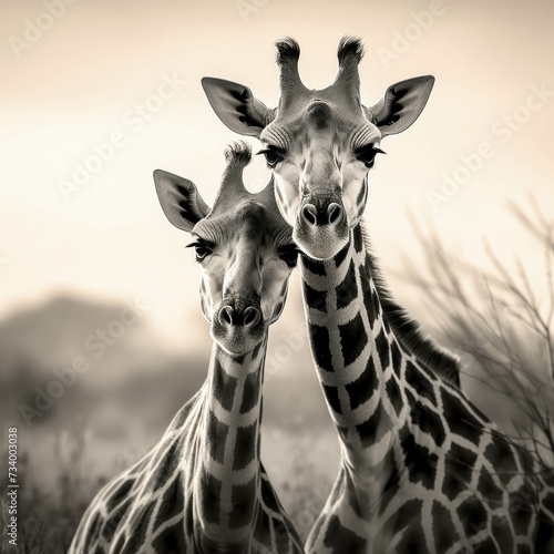 Realistic black and white photography of an adorable giraffe couple in the savannah. AI generative. photo