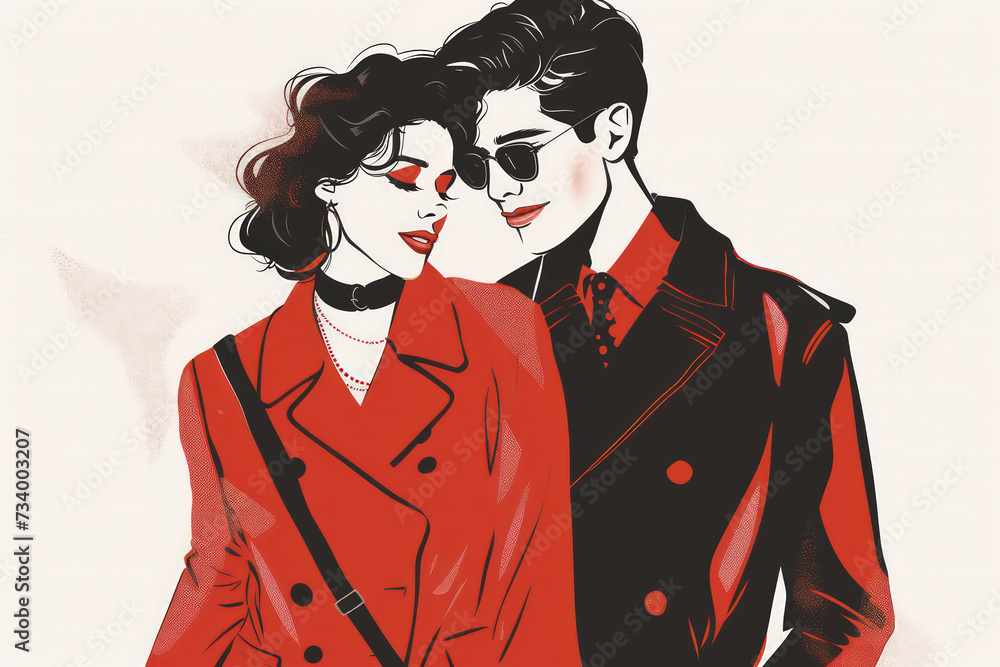 Couple in retro fashion style abstract background. Love and valentine day concept. Generative ai. Couple in retro fashion style abstract background. Love and valentine day concept. Generative ai.