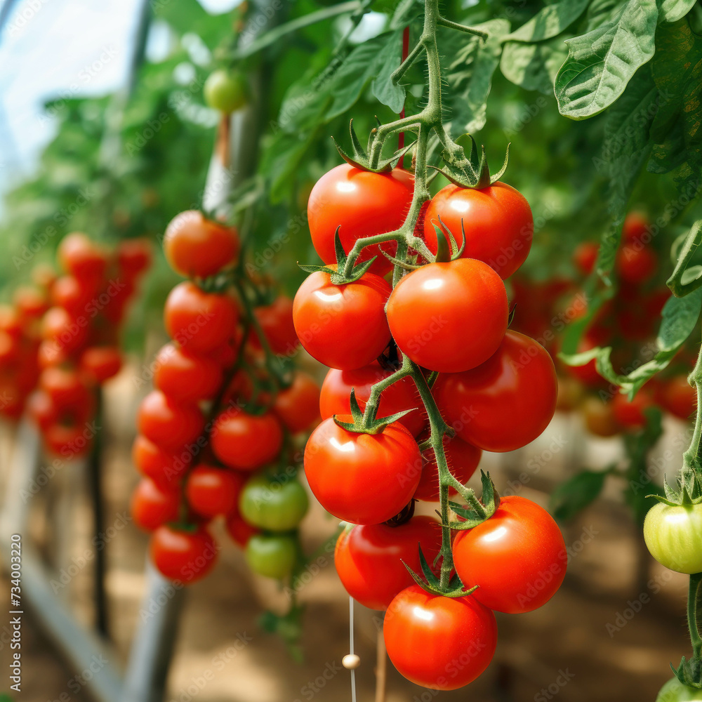Abundant harvest of ripe red tomatoes in greenhouse. AI generative.