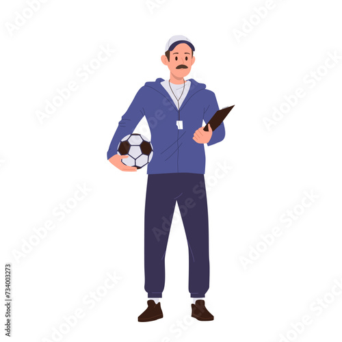 Man football teacher soccer coacher cartoon character holding ball and clipboard isolated on white photo