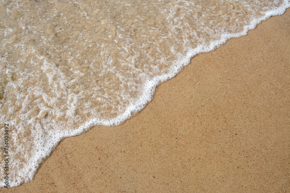 This close-up image beautifully captures the delicate moment when a wave's frothy edge meets the smooth, sandy shore. The foam's intricate patterns and the sand's fine granules are vividly detailed This close-up image beautifully captures the delicate moment when a wave's frothy edge meets the smooth, sandy shore. The foam's intricate patterns and the sand's fine granules are vividly detailed