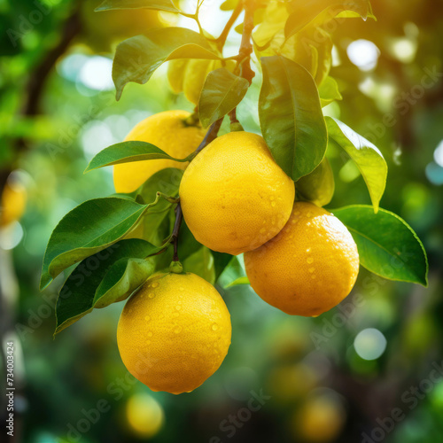 Fresh harvest of ripe yellow lemons on a tree in greenhouse. AI generative.