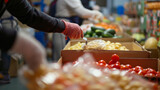 A community food bank with volunteers sorting and distributing food to families in need, showcasing compassion and assistance, community care, care jobs, community support, with copy space