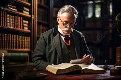 In the tranquility of his vintage library, a mustachioed elder gentleman with reading glasses immerses himself in a literary classic