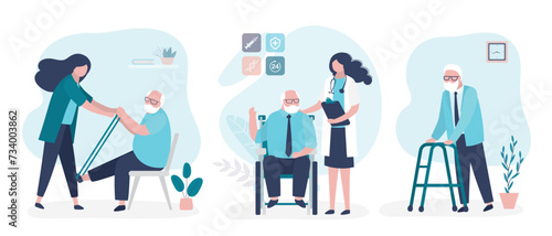 Set of medical care of elderly people. Medical staff help old disabled man in nursing home or clinic. Social workers care of sick seniors on wheelchair