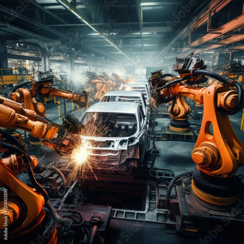 Robot arms precisely welding cars in a modern car factory. AI generative.