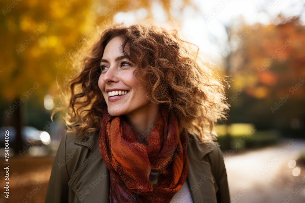 A picture of elegance: Mature woman with curly auburn hair and a chic scarf, enjoying a tranquil walk in a vibrant autumn park A picture of elegance: Mature woman with curly auburn hair and a chic scarf, enjoying a tranquil walk in a vibrant autumn park