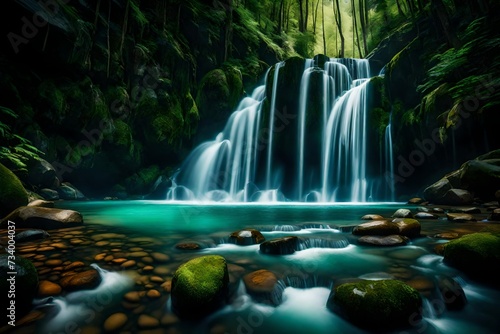 Crystal-clear streams merging into a majestic waterfall  harmonizing with the lush  verdant slopes of the mountains.