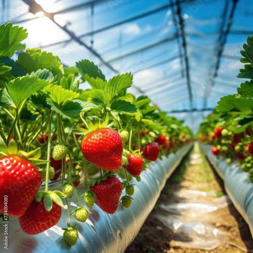 Fresh and juicy strawberries thriving in greenhouse environments, embodying the essence of organic farming. AI generative.