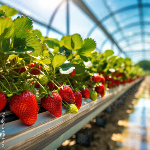 Lush strawberry plantations inside greenhouses, symbolizing the beauty of sustainable agriculture. AI generative.