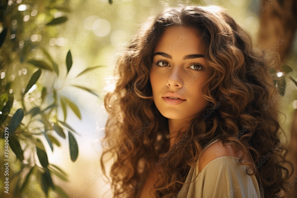A Young Woman with Voluminous Curls Enjoying the Sunny Tranquility of a Mediterranean Olive Grove A Young Woman with Voluminous Curls Enjoying the Sunny Tranquility of a Mediterranean Olive Grove